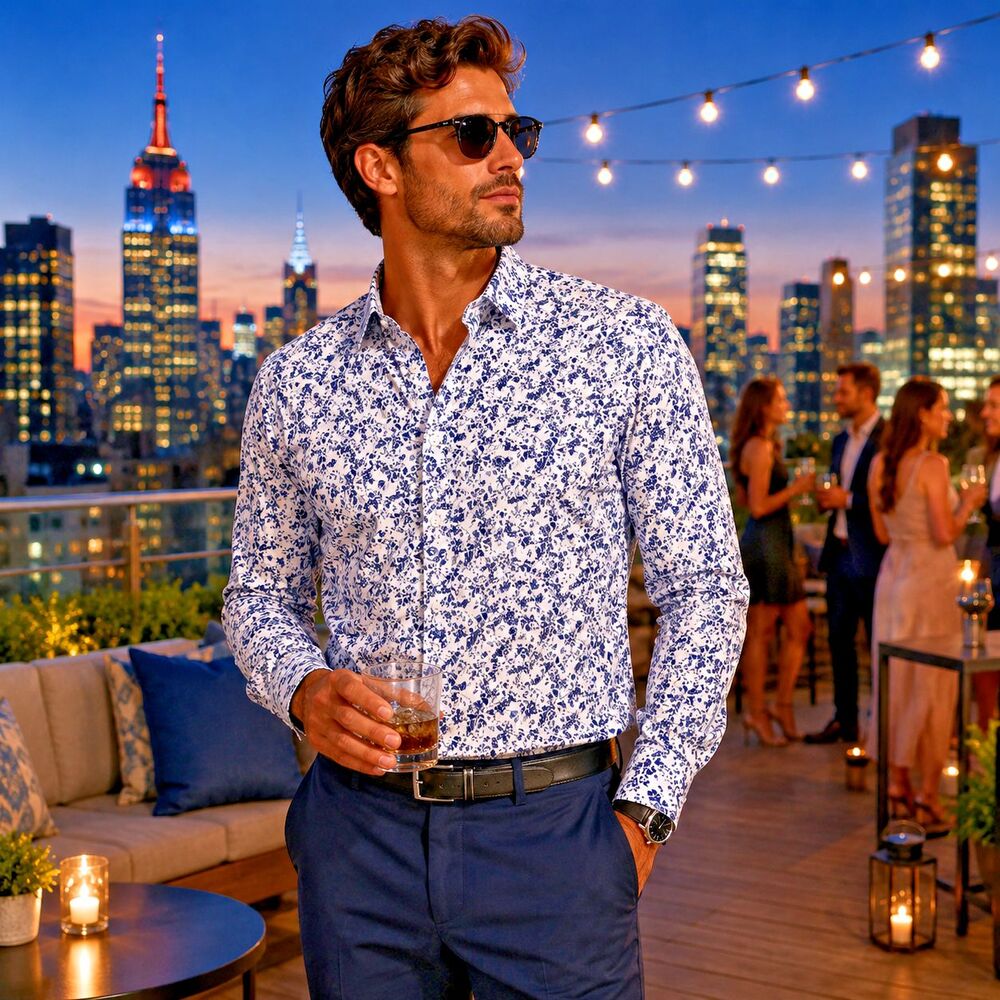 Marc Anthony XXL Mens Floral Shirt Stretch Slim Fit Navy White Button Down
